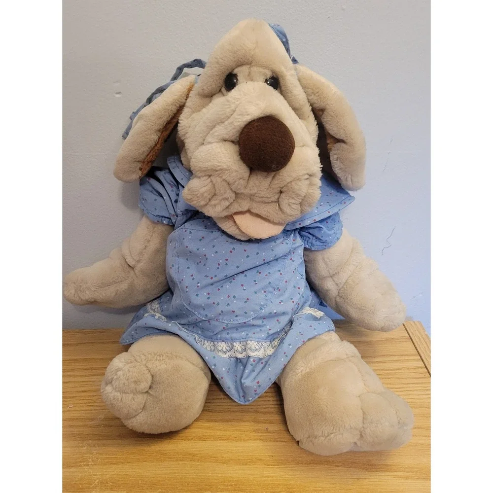 Vintage Wrinkles Dog Plush Puppet Lot of 3 Ganz Bros Tan Grey 1980s ID Tags
